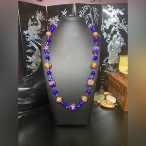 Vintage cobalt blue manganese glass wedding cake beaded necklace
